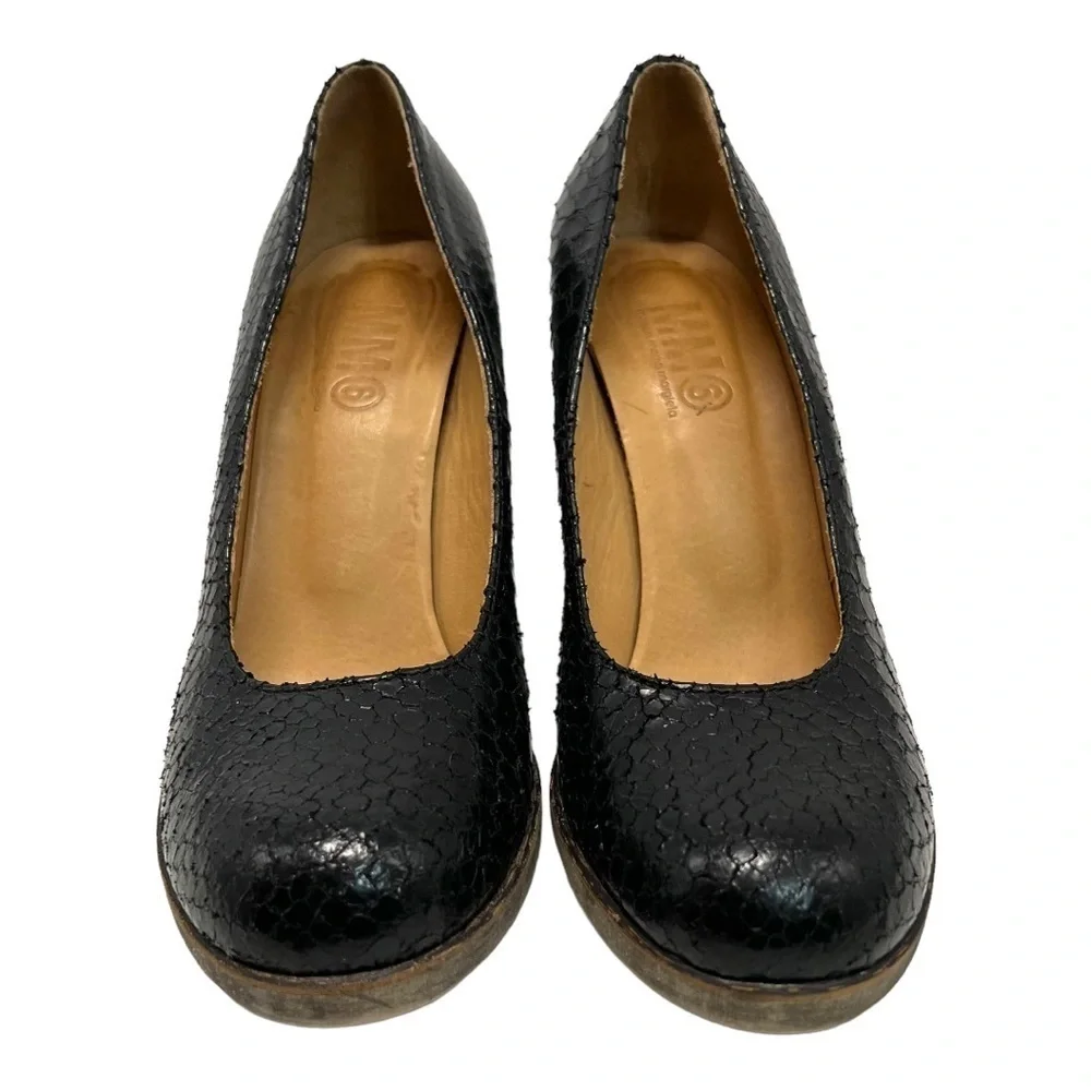 Maison Martin Margiela MM6 Black Snakeskin Leather Round Toe Block Heels 38.5 - Picture 2 of 12